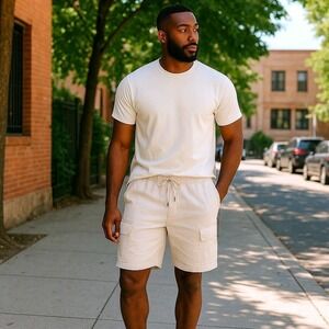 NEW Mens (L) Linen Cargo‎ Shorts Techni-Cole Beige Drawstring Casual Old Money